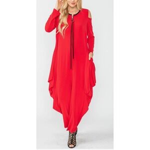 IC Collection Red Cold Shoulder Harem Jumpsuit Front Zip Draped Size M